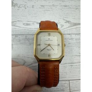 Hamilton 8796 VTG Gold Tone Octagon Case Quartz Date Display Men's Dress Watch